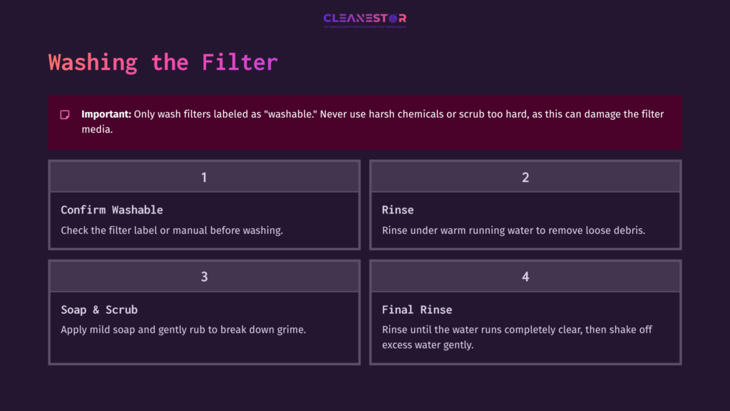 Instructions For Washing A Ridgid Shop Vac Filter, Featuring A Purple Background With Four Numbered Steps In White Text.