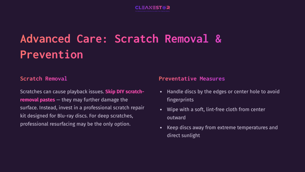 Text On A Dark Purple Background Discusses Scratch Removal And Prevention For Blu-Ray Discs, Emphasizing Handling And Cleaning Tips.