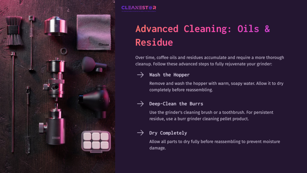 7 Advanced Cleaning Oils And Residue 1 Dark Background With Cleaning Tools For A Burr Grinder, Including Brushes, A Coffee Scoop, And A Cleaning Pellet Product, Organized Neatly.