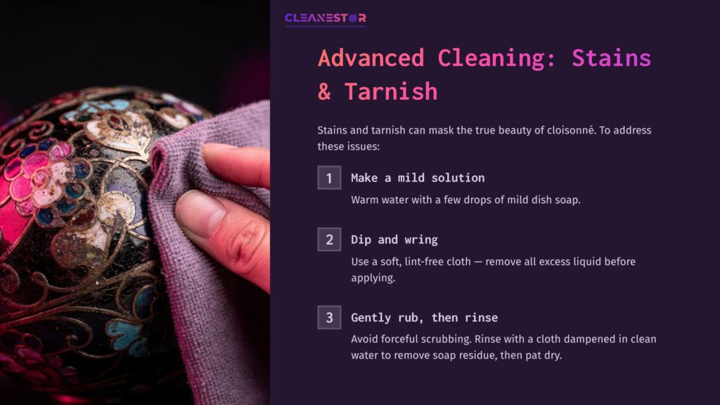 A Hand Holds A Soft Cloth Against A Colorful Cloisonné Piece, With Cleaning Steps Listed Beside: Mild Solution, Dip, And Rinse.