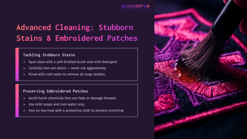 Brush Cleaning A Pink Embroidered Patch On A Dark Jacket, With Tips For Removing Stubborn Stains And Caring For Patches.