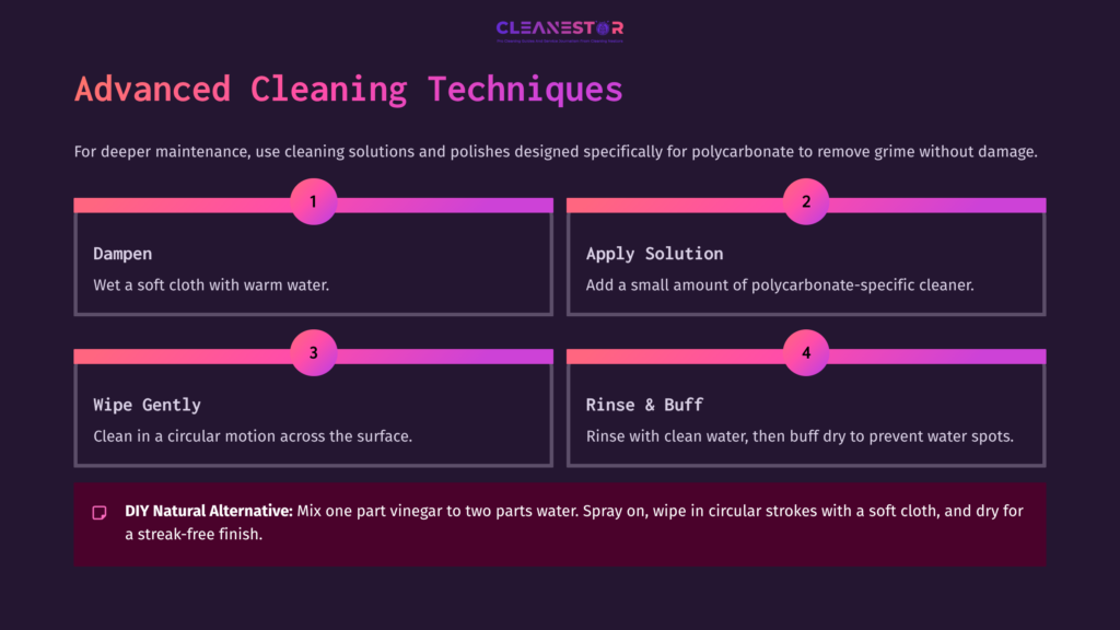 7 Advanced Cleaning Techniques 1 Four-Step Guide On Cleaning Polycarbonate Plastic: Dampen With Water, Apply Solution, Wipe Gently In Circles, And Rinse/Buff.