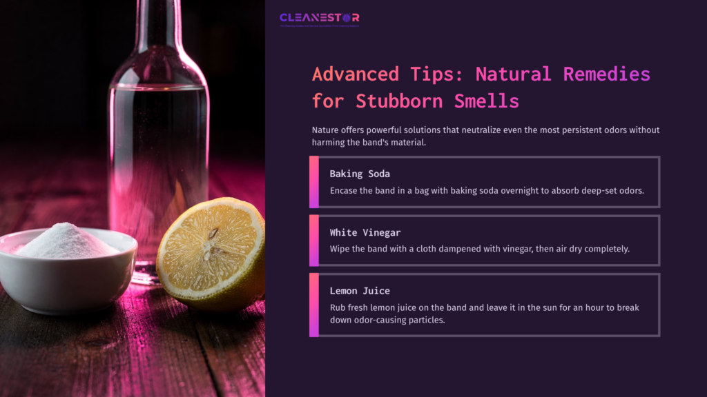 A Clear Glass Bottle, A Bowl Of Baking Soda, A Lemon Cut In Half, And Text Detailing Natural Remedies For Cleaning Fitbit Band Odors.