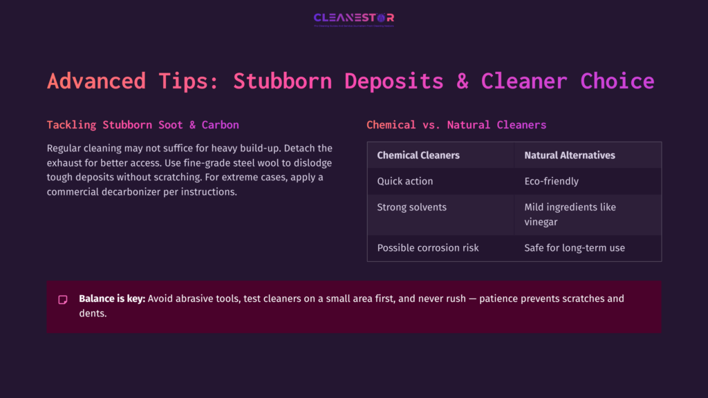 7 Advanced Tips Stubborn Deposits And Cleaner Choice Table Comparing Chemical And Natural Cleaners For Motorcycle Exhaust Pipe Cleaning, With Headings, Tips, And Cautions In A Purple And White Layout.