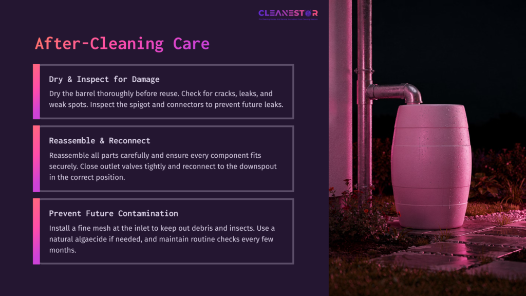 A Rain Barrel Next To A Pink Wall, With A Spout For Water Runoff, Accompanied By Cleaning Care Tips In White Text On A Purple Background.