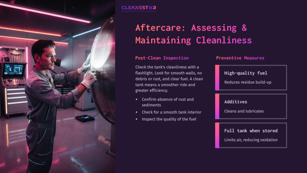 A Technician Inspects A Shiny Metal Fuel Tank In A Dimly Lit Space, With A Text Box Outlining Post-Cleaning Inspection Tips And Preventive Measures.