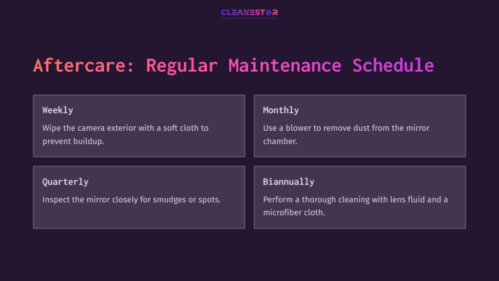 Text On A Dark Background Detailing A Camera Maintenance Schedule, With Sections For Weekly, Monthly, Quarterly, And Biannual Tasks.