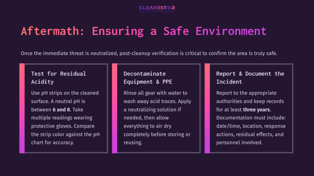 7 Aftermath Ensuring A Safe Environment Text On A Dark Background Provides Steps For Post-Cleanup Safety After Handling Sulfuric Acid, Including Testing, Decontaminating, And Reporting.