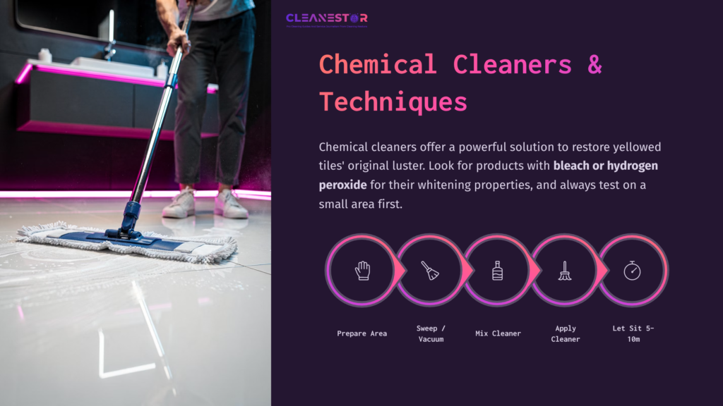7 Chemical Cleaners And Techniques A Person Using A Mop On White Tiles In A Bright, Modern Space, With Pink Lighting And A Graphic Layout Detailing Cleaning Steps.