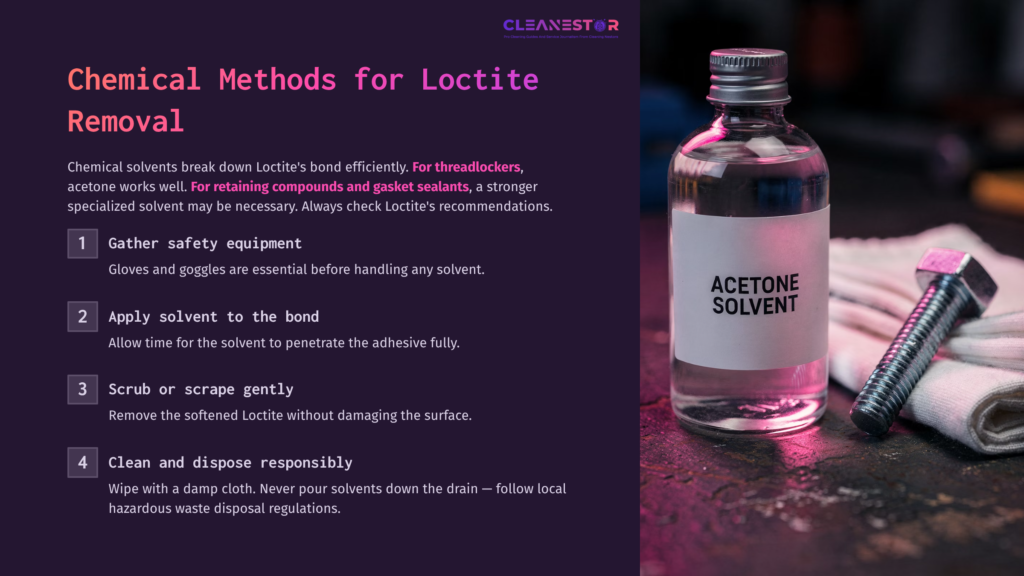 A Bottle Of Acetone Solvent Alongside Instructions For Cleaning Loctite, Featuring A Dark Background With Purple And White Text.