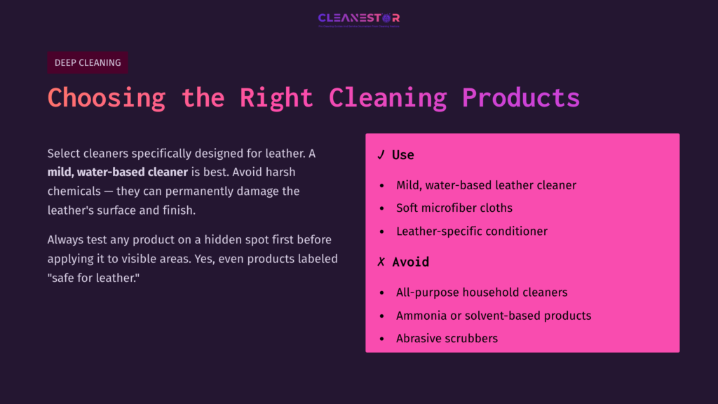 Text On A Dark Background Discusses Choosing Leather Cleaning Products, Highlighting Recommended Uses And Items To Avoid, With Bright Pink Accents.