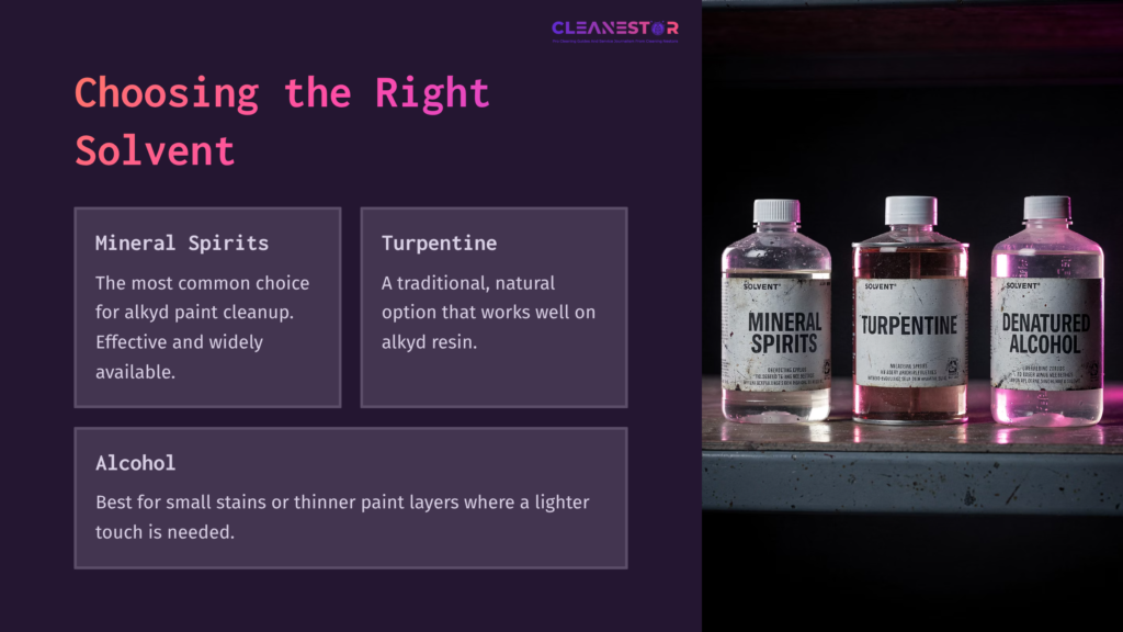 7 Choosing The Right Solvent Three Solvent Bottles Labeled &Quot;Mineral Spirits,&Quot; &Quot;Turpentine,&Quot; And &Quot;Denatured Alcohol,&Quot; With A Dark Background And Purple Text Highlighting Their Uses.