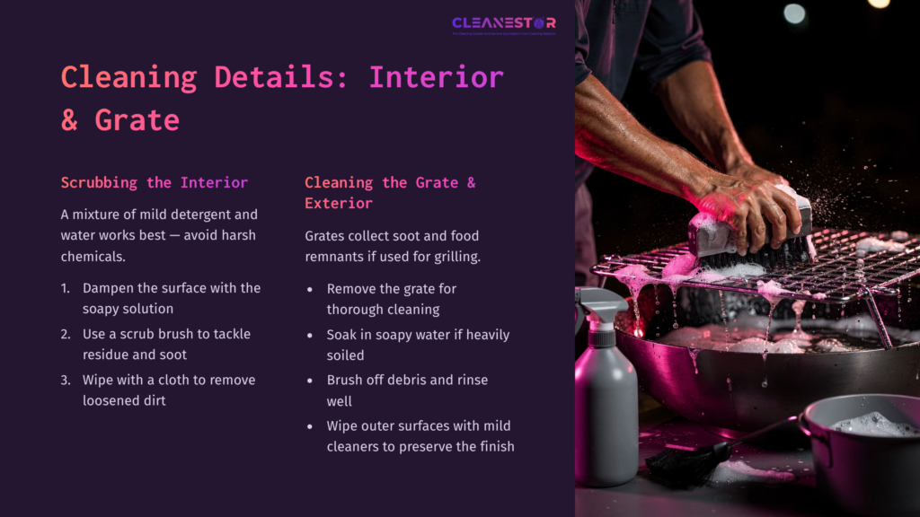 7 Cleaning Details Interior And Grate A Person Scrubs A Fire Pit'S Interior With A Brush, Surrounded By Soapy Water, With Cleaning Steps Outlined On A Dark Purple Background.