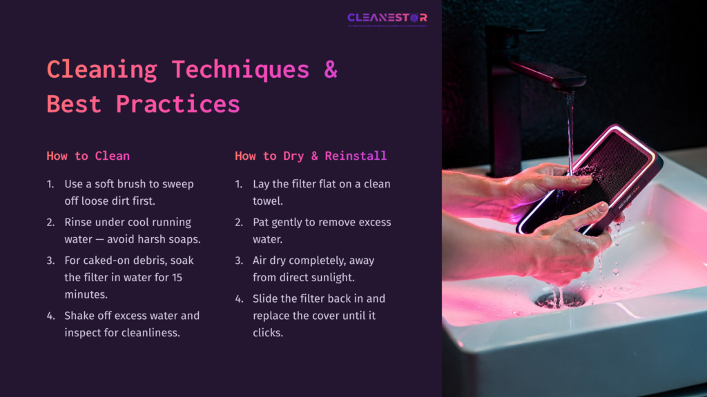 Instructions For Cleaning A Bedjet Filter, With Steps On How To Clean And Dry It, Illustrated Alongside A Hand Washing The Filter.