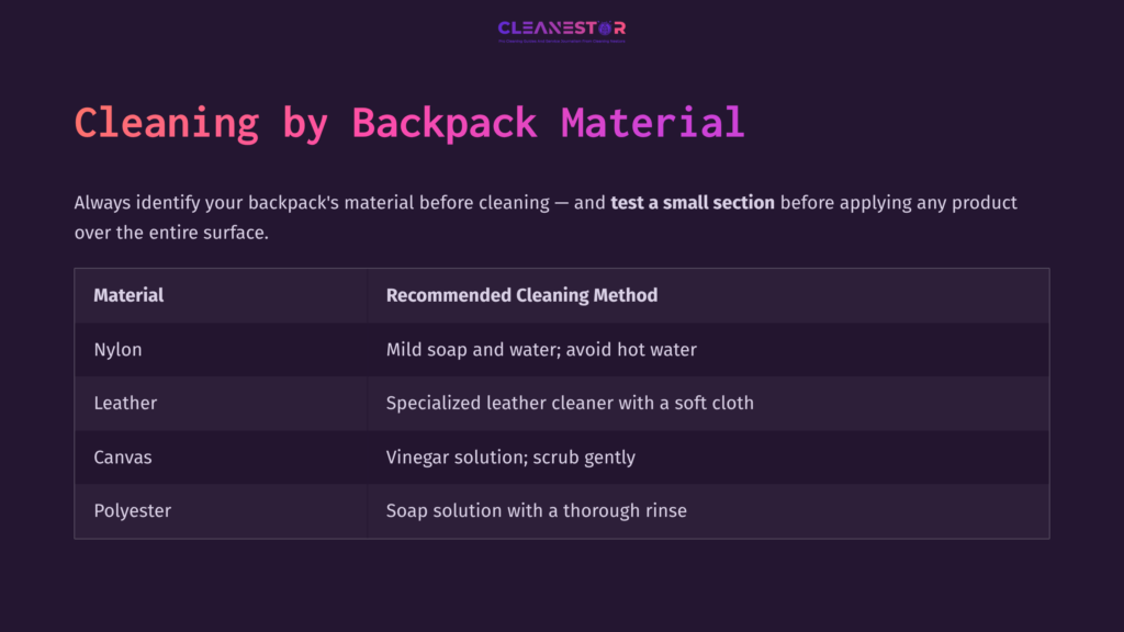 Table Outlining Cleaning Methods For Different Backpack Materials: Nylon, Leather, Canvas, And Polyester With Specific Recommendations.