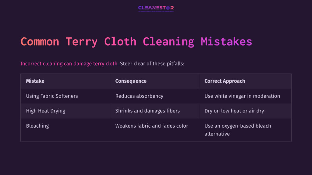 Chart Detailing Common Cleaning Mistakes For Terry Cloth, Featuring A Purple Background With White And Pink Text, Organized In Three Columns.