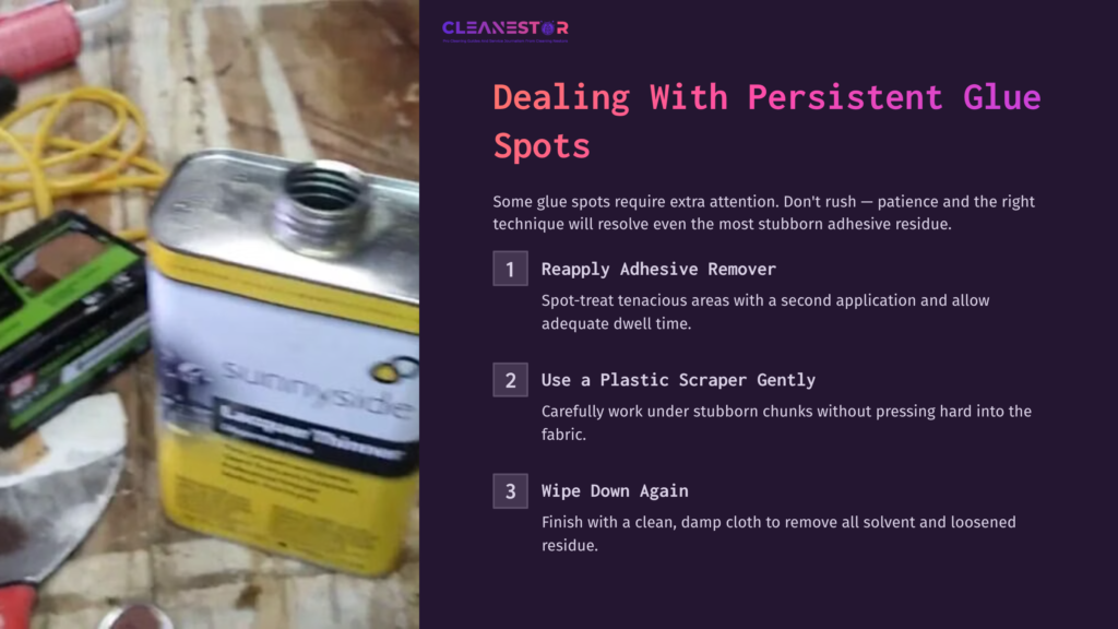 A Can Of Adhesive Remover Beside A Plastic Scraper On A Blurred Background, With Text Instructions For Cleaning Glue From A Headliner.