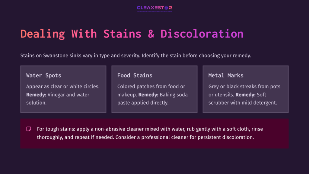 7 Dealing With Stains And Discoloration Text On A Dark Purple Background Outlining Stain Types On Swanstone Sinks, With Cleaning Tips For Water Spots, Food Stains, And Metal Marks.