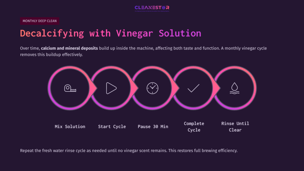 7 Decalcifying With Vinegar Solution Graphic Illustrating A Decalcifying Process For A Black &Amp; Decker Thermal Coffee Maker Using Vinegar, With Step-By-Step Icons And Vibrant Colors.