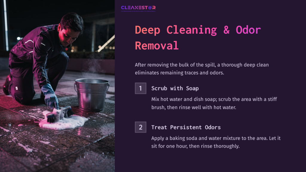 A Person Scrubs A Dark Surface With A Stiff Brush, Surrounded By A Nighttime Setting; Text Outlines Cleaning Steps And Tips.