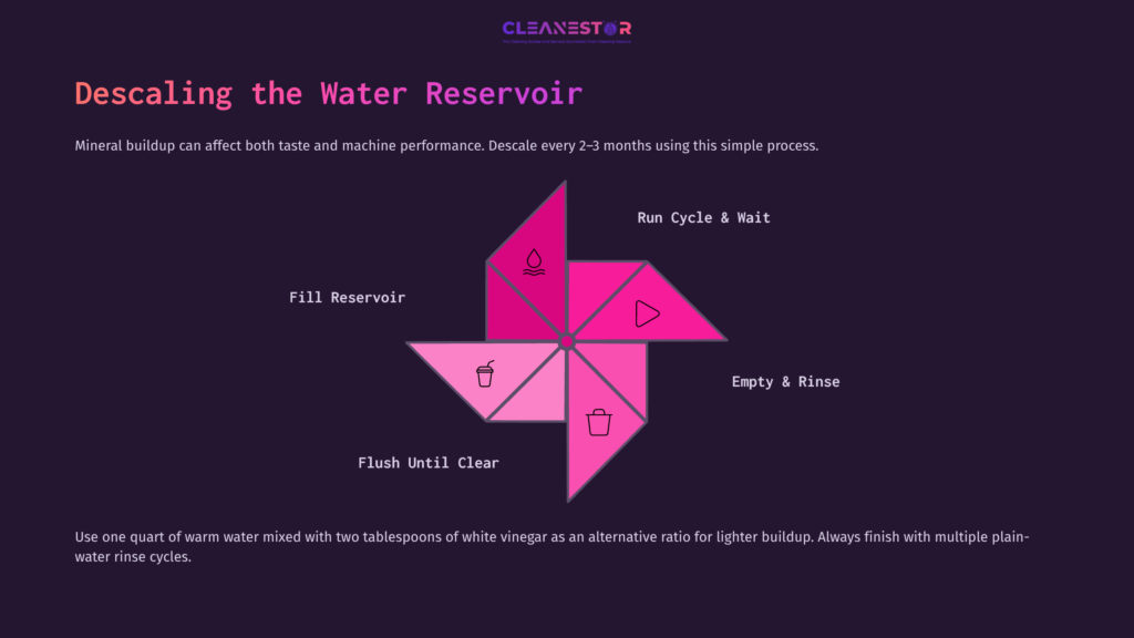 Graphic Illustrating Steps To Descale An Iced Tea Maker'S Water Reservoir, Featuring A Pink Pinwheel Design With Icons For Each Step.