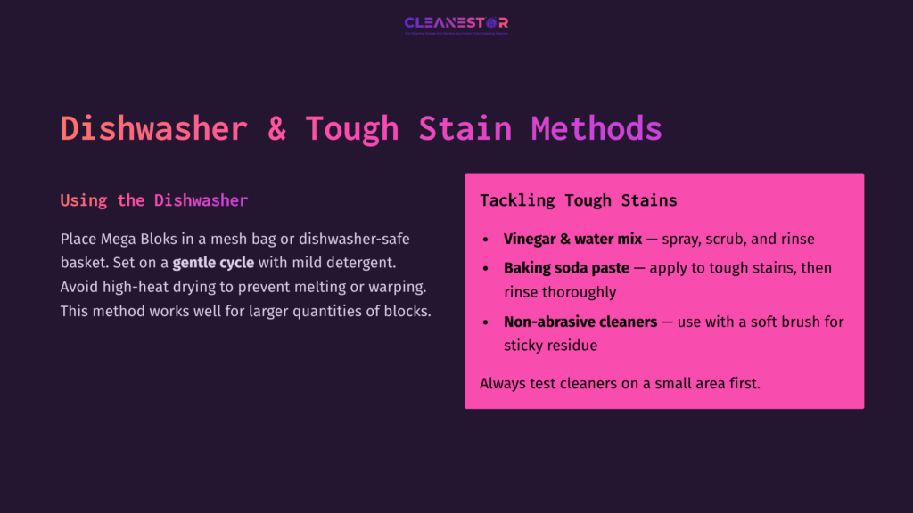Dishwasher Cleaning Instructions For Mega Bloks, Featuring A Pink Text Box With Tips, Set Against A Dark Background.
