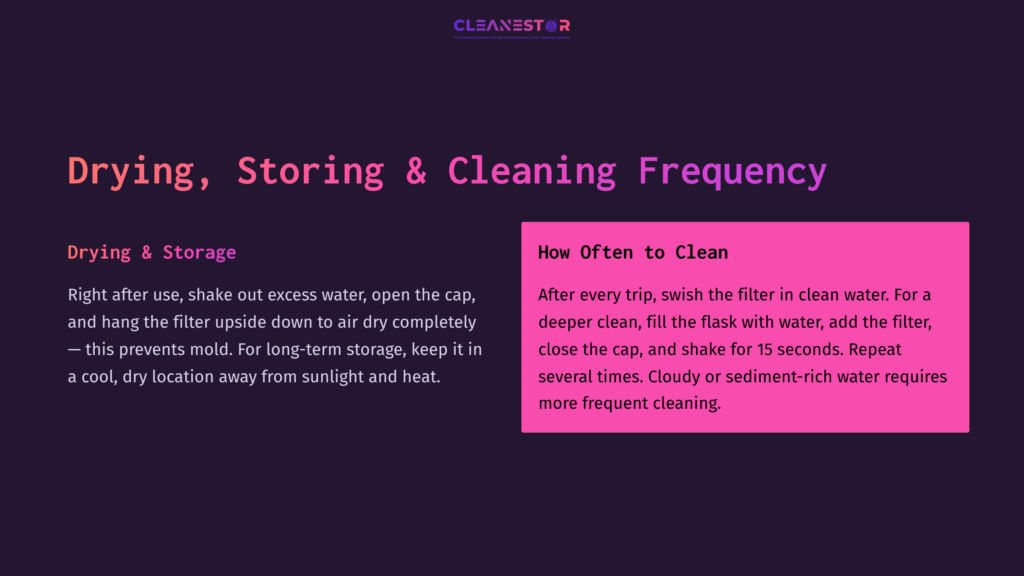 Instructions On Cleaning And Storing A Katadyn Befree Water Filter, With A Pink Box Highlighting Cleaning Frequency Against A Dark Background.