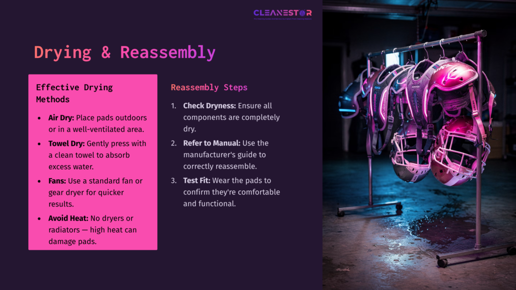 A Brightly Lit Space With Hanging Football Pads In Shades Of Pink And Purple, Alongside Drying Methods And Reassembly Steps On A Contrasting Background.