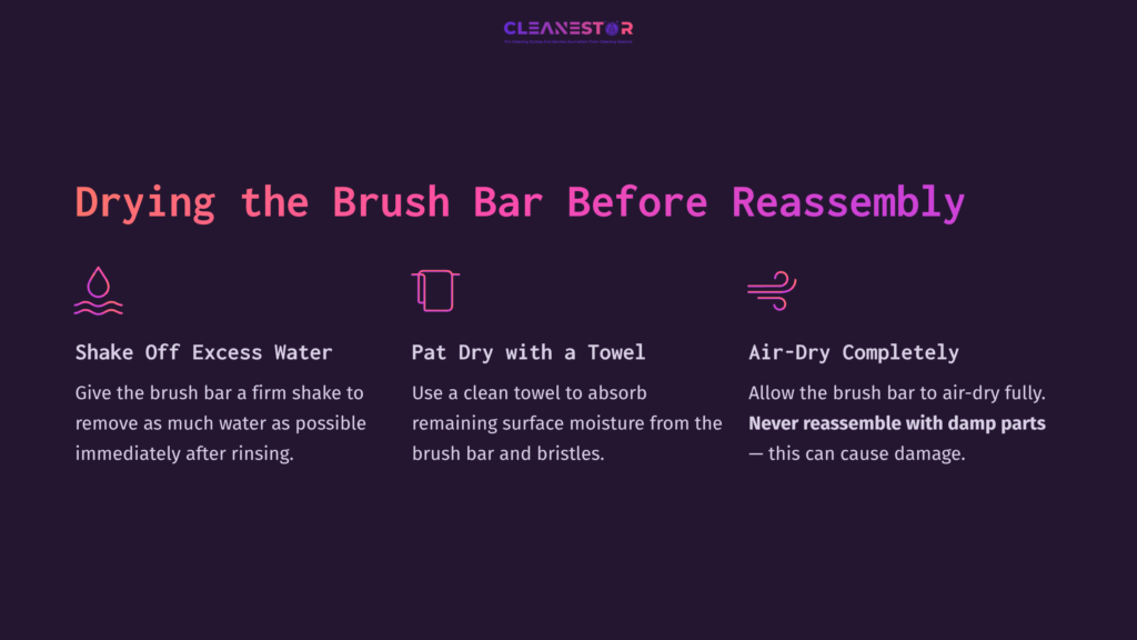 Text On A Dark Purple Background Detailing Steps To Clean A Dyson Brush: Shaking Off Water, Patting Dry, And Air-Drying Before Reassembly.