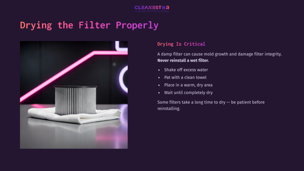 A Metal Shop Vac Filter Sits On A White Cloth, With Neon Pink Text And A Dark Background Providing Cleaning Tips For Proper Drying.