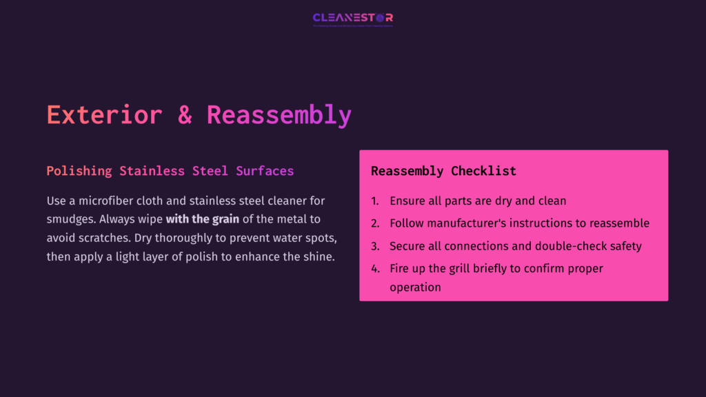 Brightly Colored Text On A Dark Background Outlining Steps For Polishing Stainless Steel Surfaces And A Reassembly Checklist For A Blaze Grill.