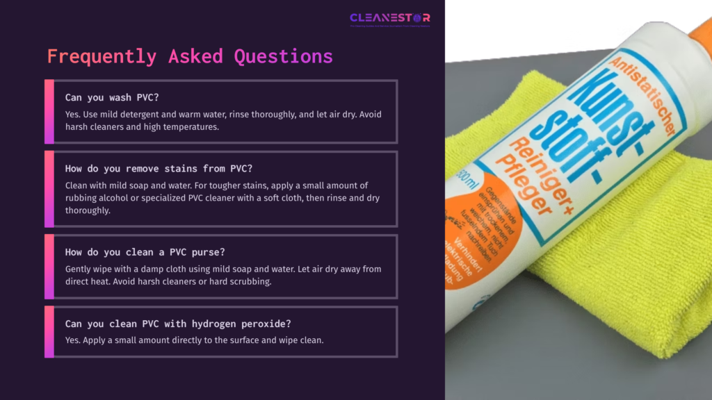 7 Frequently Asked Questions 2 Cleanser Bottle Next To A Bright Yellow Microfiber Cloth, With A Dark Background Highlighting Faq About Cleaning Pvc Materials.