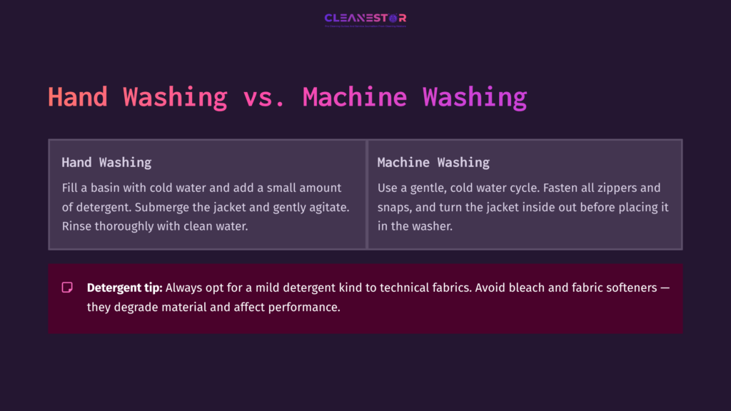 Comparison Chart Detailing Hand Washing And Machine Washing Methods For Columbia Jackets, With Tips And Detergent Advice.