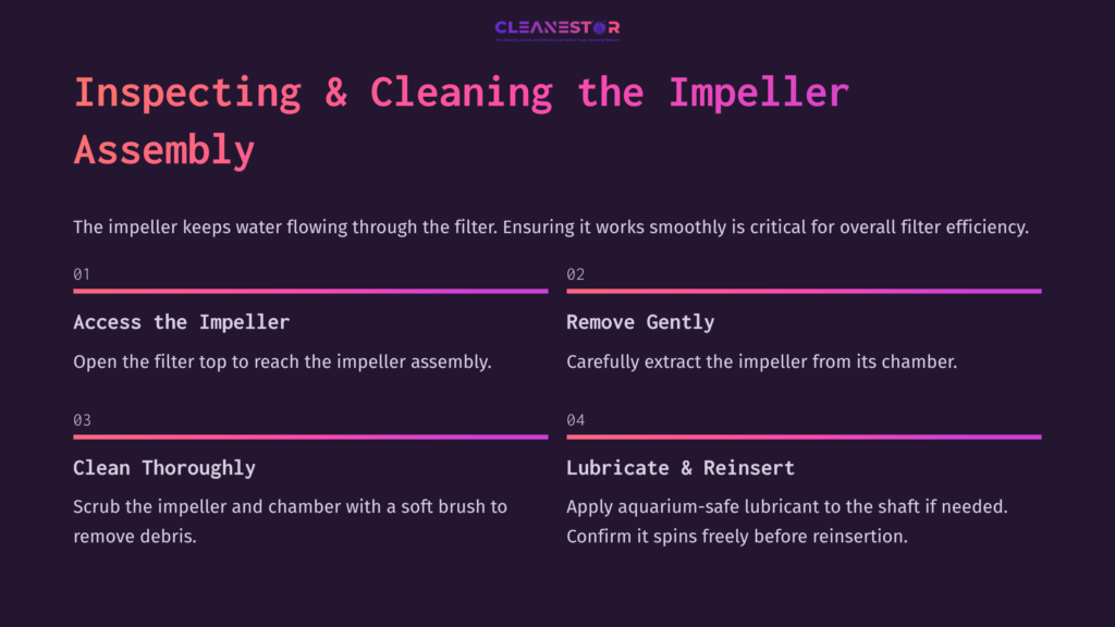 Instructions For Cleaning The Impeller Assembly, Featuring A Step-By-Step Layout With Pink And White Text On A Dark Background.