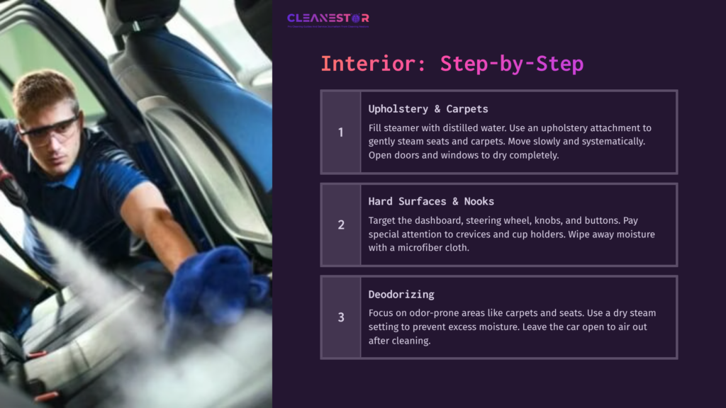 A Person Steam Cleaning A Car Interior, Focusing On Upholstery And Hard Surfaces, With Step-By-Step Tips On A Purple Background.