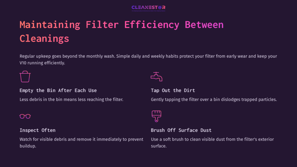 Text-Based Infographic On Maintaining Dyson V10 Filter Efficiency, Featuring Steps To Clean The Filter In A Clear, Bold Layout.