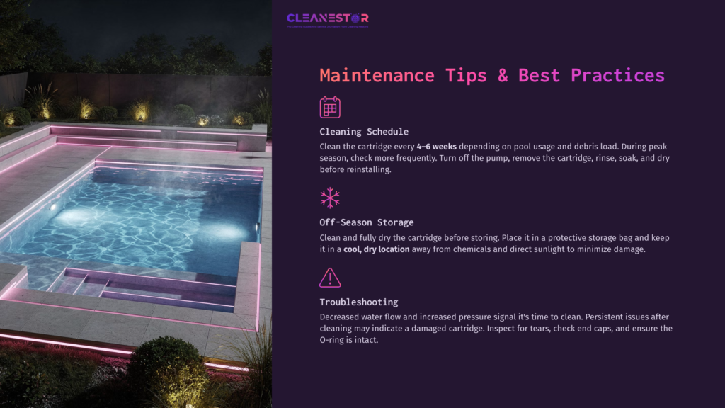 A Glowing Swimming Pool At Night, Featuring A Highlighted Cartridge Filter Area, With Text On Cleaning Tips And Best Practices In Purple.