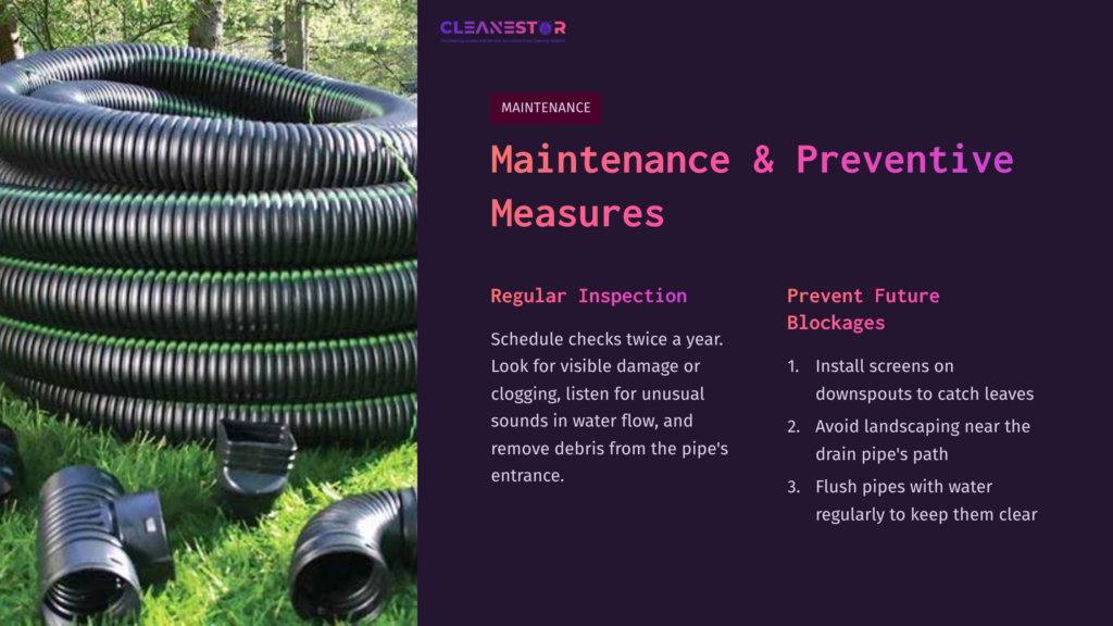 Black Corrugated Drain Pipes Stacked In A Green Outdoor Setting, With Maintenance Tips In Bold Text On A Purple Background.