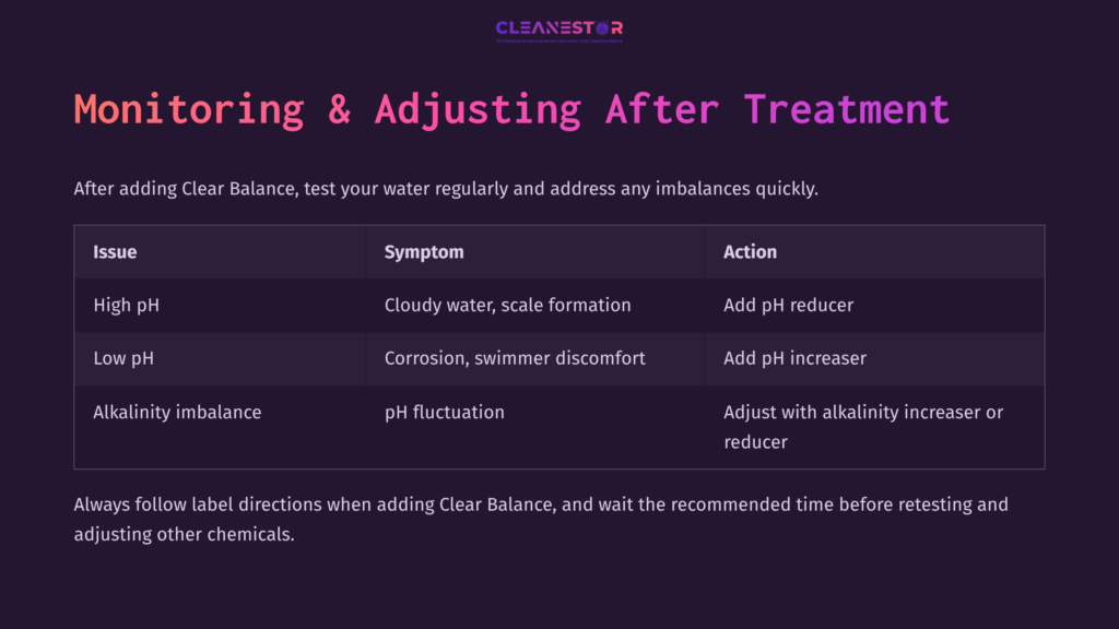 Table Detailing Issues, Symptoms, And Actions For Using Arm &Amp; Hammer Clear Balance, With Purple Background And Bold Headings.
