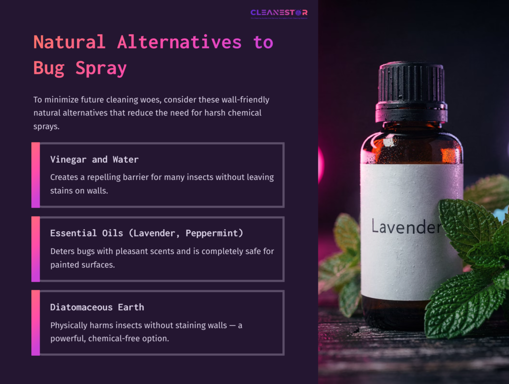 A Dark Bottle Labeled &Quot;Lavender&Quot; Beside Fresh Mint Leaves, With Text Outlining Natural Bug Spray Alternatives In A Vibrant Layout.