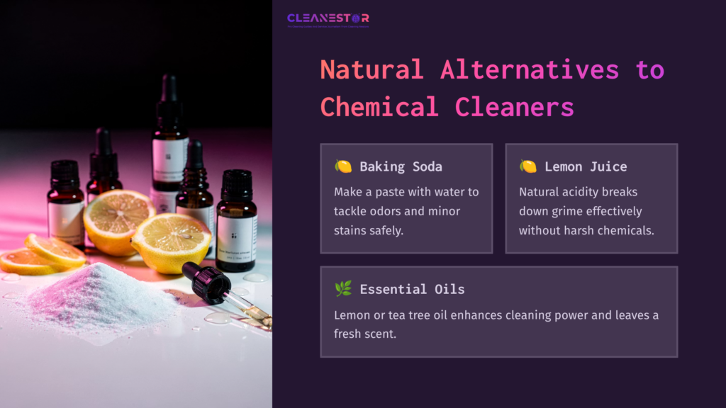 Bottles Of Essential Oils And Cleaning Supplies Beside Lemons And Baking Soda, Highlighting Natural Alternatives To Chemical Cleaners.