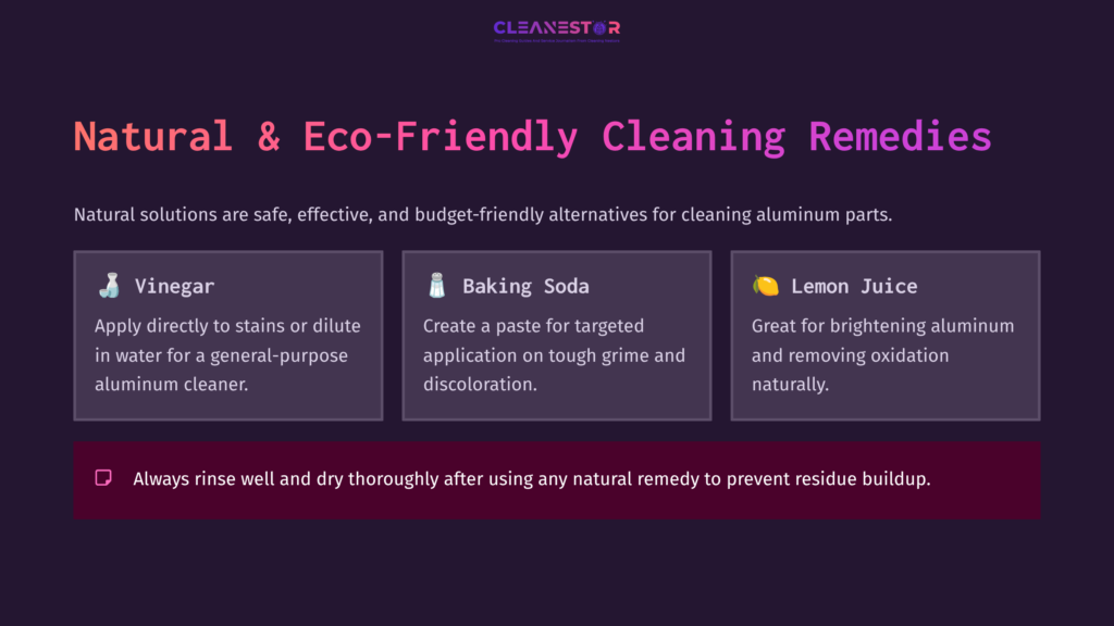 Four Colorful Rectangular Boxes On A Dark Background, Outlining Natural Cleaning Remedies: Vinegar, Baking Soda, And Lemon Juice, With Brief Descriptions.