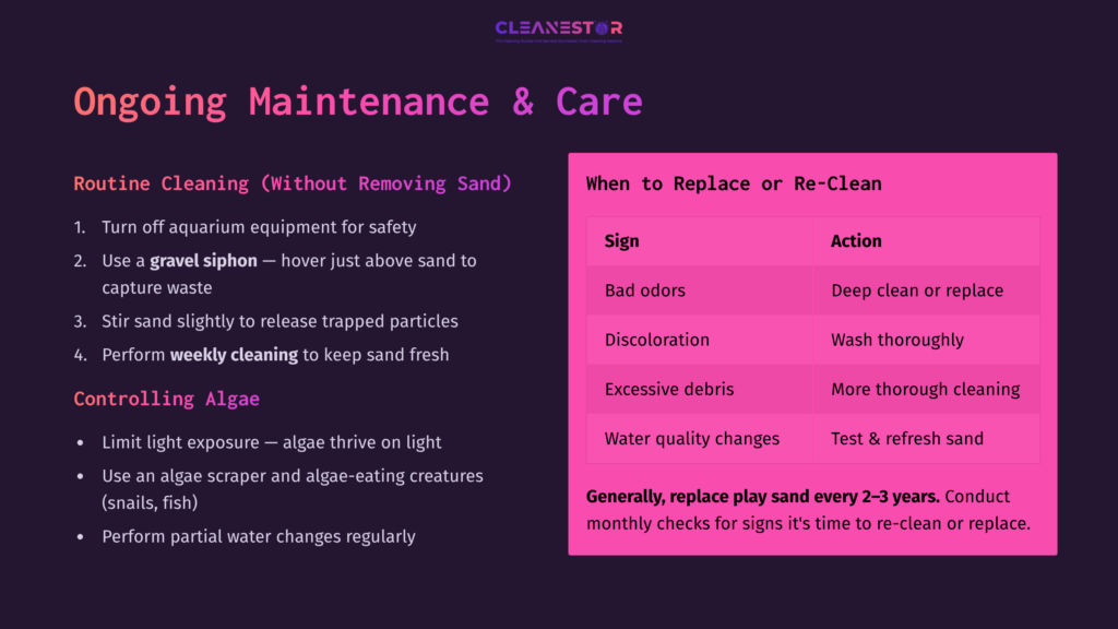 Text Layout On A Dark Background With Sections For Ongoing Maintenance And Care, Featuring Tips On Replacing Sand And Controlling Algae.