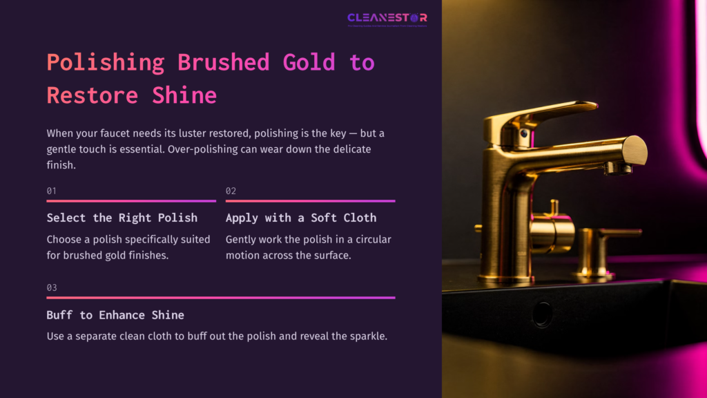 Brushed Gold Faucet On A Dark Countertop; Text Guide On Polishing Methods Is Displayed On The Left Side In Bold Colors.