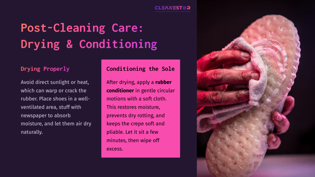 A Hand Holds A Crepe Sole While Applying Rubber Conditioner In Circular Motions; A Soft Cloth And Text Instructions Are Visible.