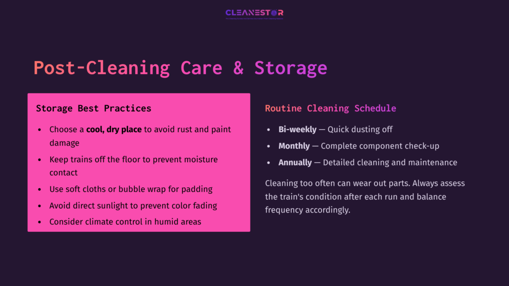 Text On A Vibrant Purple And Pink Background Discussing Lionel Train Care Tips, Including Storage Practices And Cleaning Schedules.