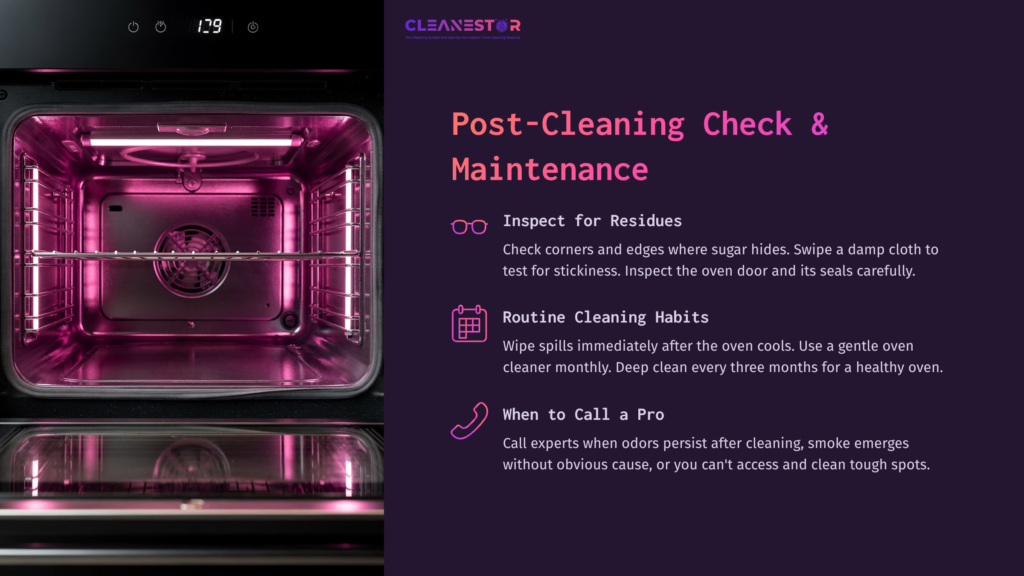 Interior Of An Oven With A Reflective Pink Interior, Containing A Wire Rack, And Text Instructions For Post-Cleaning Inspection And Maintenance.