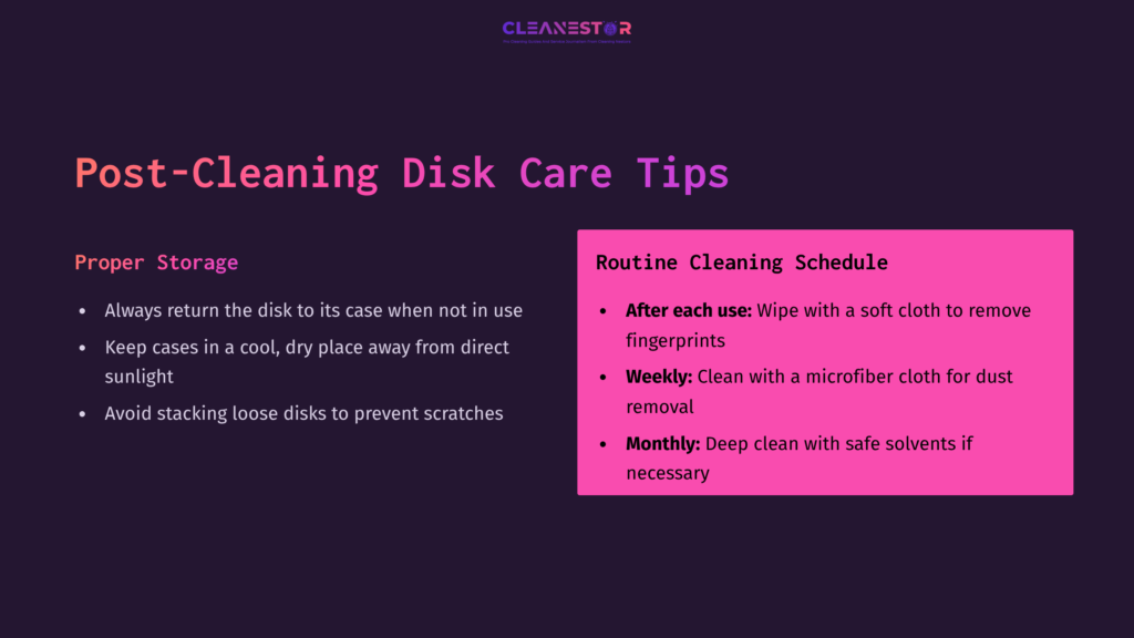 7 Post Cleaning Disk Care Tips Purple Background Featuring Text About Post-Cleaning Disk Care Tips, With A Bright Pink Box Listing Cleaning Schedules And Proper Storage Advice.