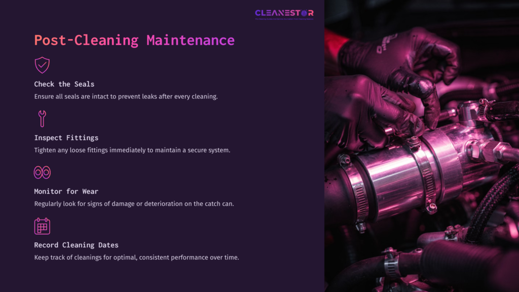Hands Wearing Gloves Work On A Metallic Oil Catch Can, With A Purple Background Highlighting Maintenance Steps And Tips.