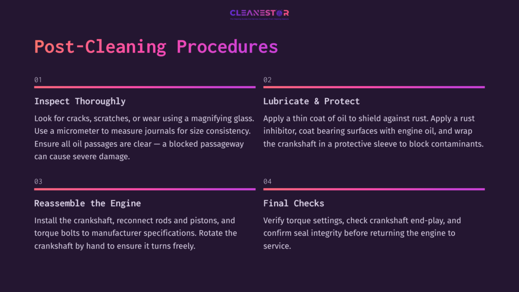 Instructions For Post-Cleaning Crankshaft Procedures, Featuring A Purple And Black Layout With Numbered Steps For Inspection, Lubrication, Reassembly, And Final Checks.
